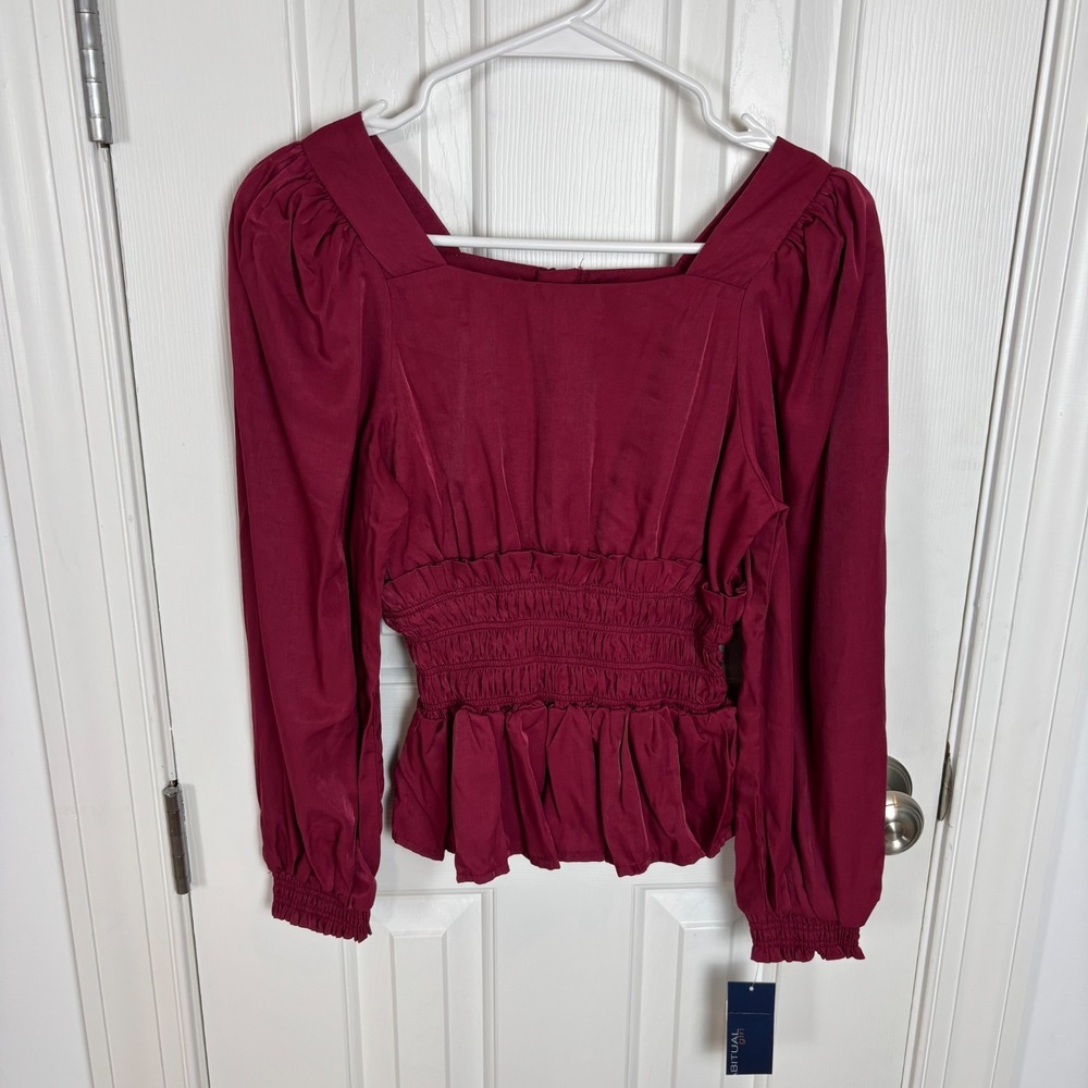 Haibtual Girl Burgundy Red‎ Long Sleeve Gathered Square Neck Blouse Size 16 NWT